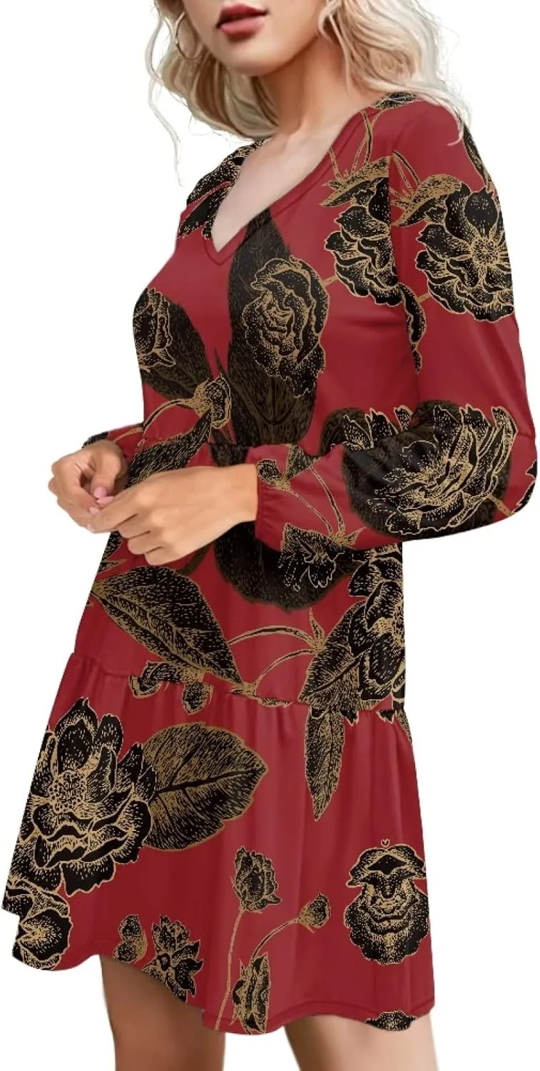 Bengbobar Women Floral Dress V Neck Long Puff Sleeve Casual Summer Elegant Midi Flowy Loose Pleated Party Swing Shift Dresses