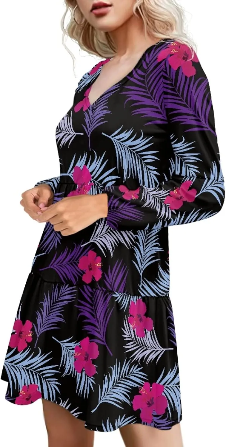 Bengbobar Women Floral Dress V Neck Long Puff Sleeve Casual Summer Elegant Midi Flowy Loose Pleated Party Swing Shift Dresses