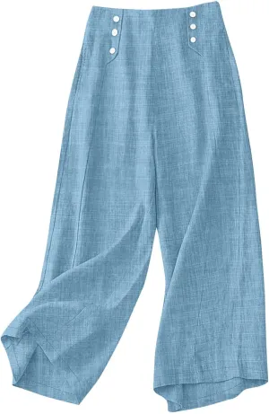 Bidobibo Linen Pants for Women Loose High Waisted Palazzo Pants Belted Wide Leg Trousers with Pockets Summer Beach Trousers
