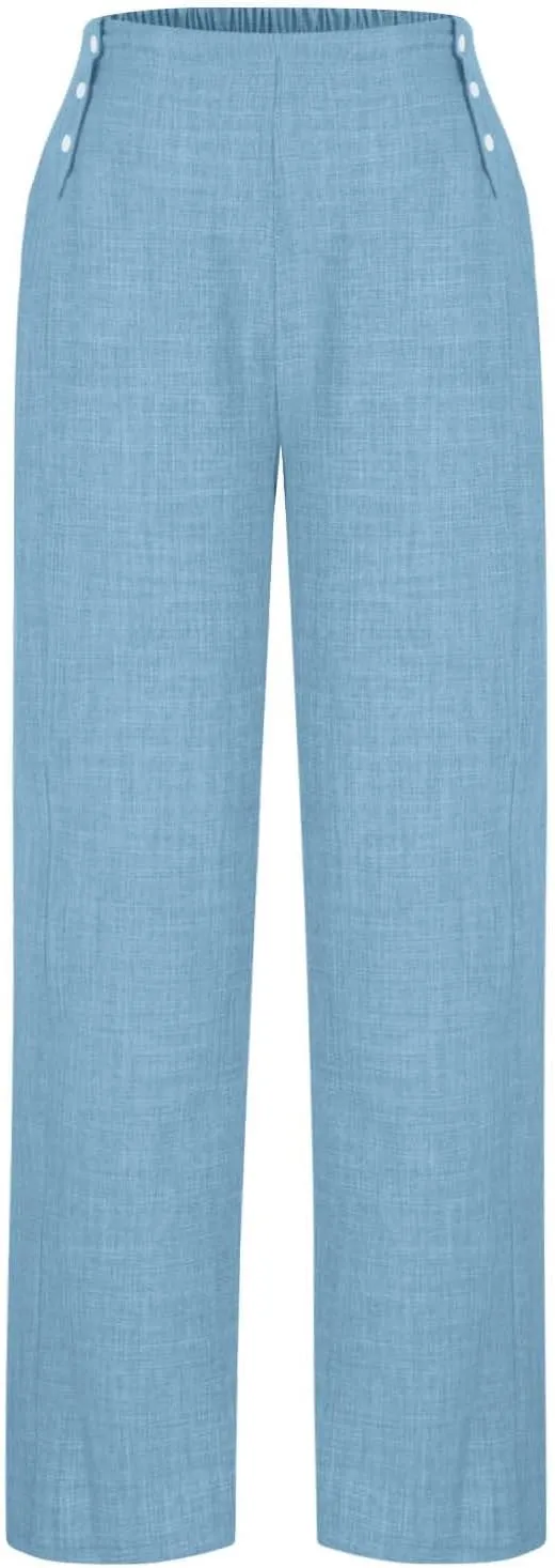 Bidobibo Linen Pants for Women Loose High Waisted Palazzo Pants Belted Wide Leg Trousers with Pockets Summer Beach Trousers
