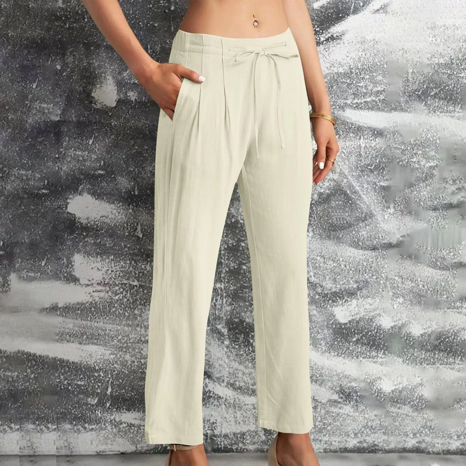 Bidobibo Plus Size Linen Pants for Women Straight Leg Drawstring Elastic Waist Pants Summer Lightweight Casual Beach Trousers