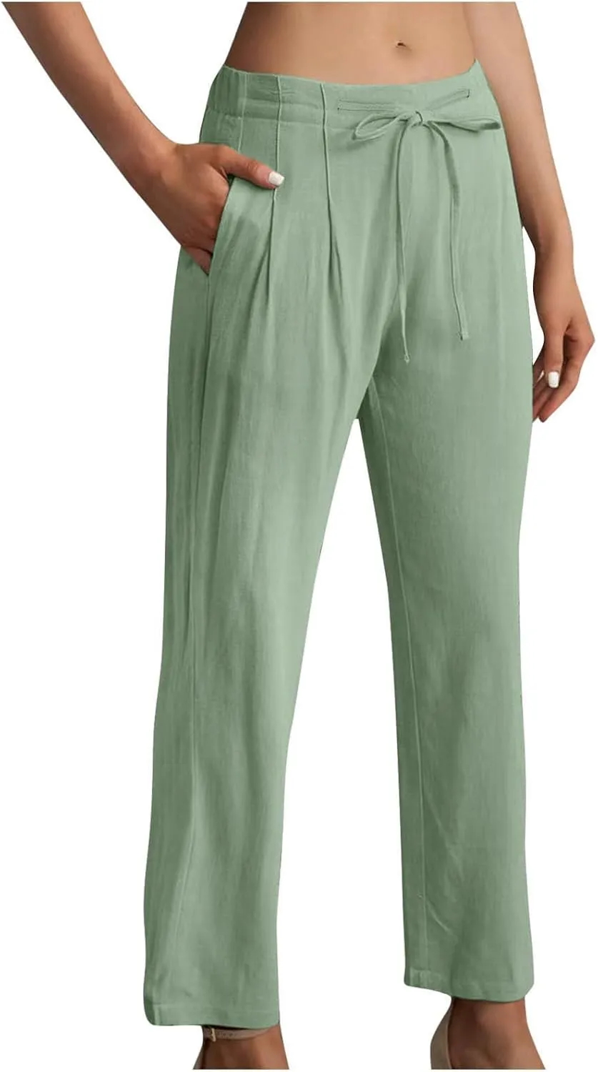 Bidobibo Plus Size Linen Pants for Women Straight Leg Drawstring Elastic Waist Pants Summer Lightweight Casual Beach Trousers