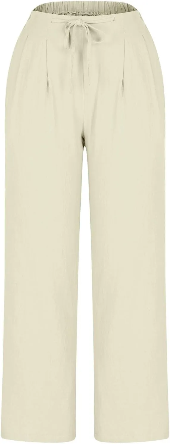 Bidobibo Plus Size Linen Pants for Women Straight Leg Drawstring Elastic Waist Pants Summer Lightweight Casual Beach Trousers