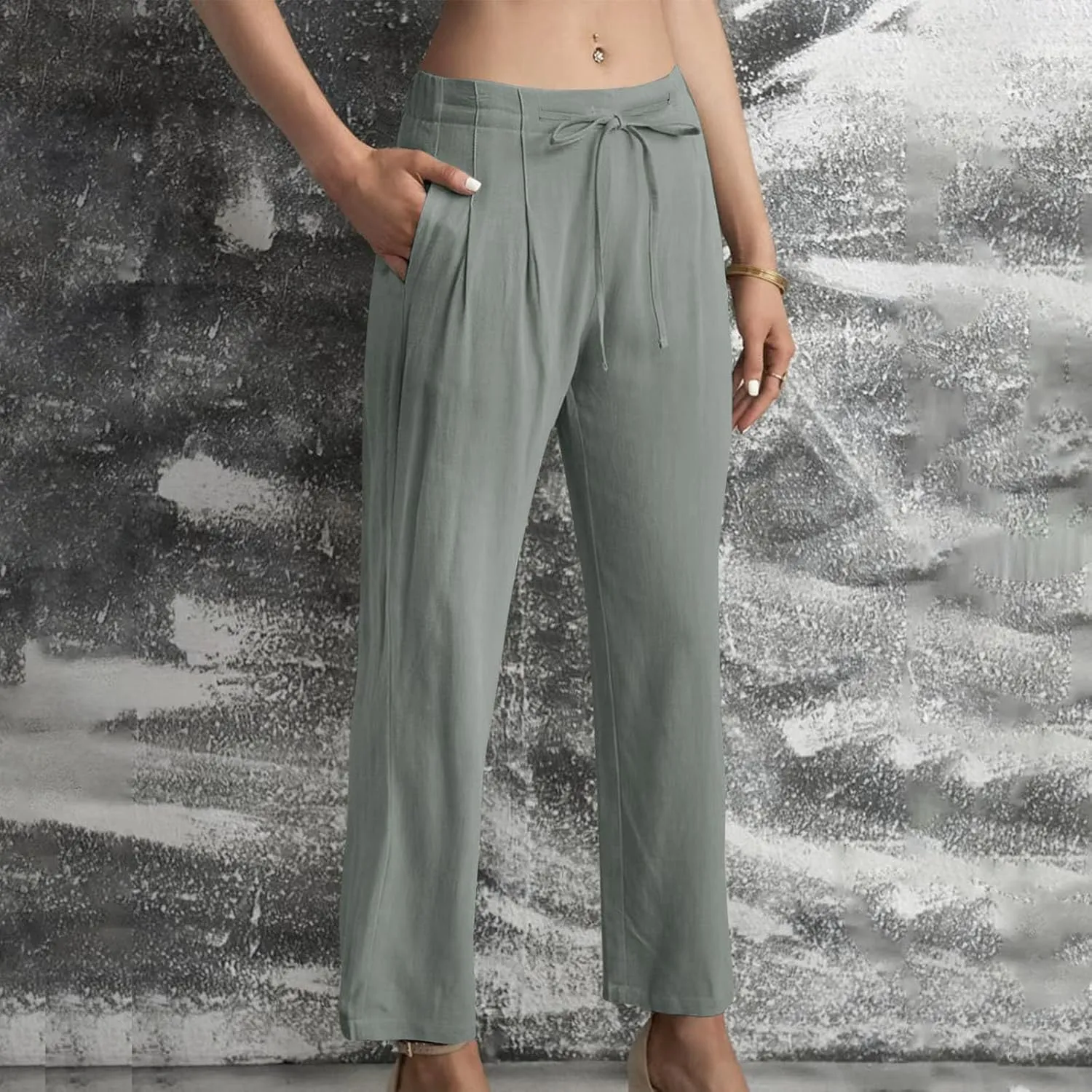 Bidobibo Plus Size Linen Pants for Women Straight Leg Drawstring Elastic Waist Pants Summer Lightweight Casual Beach Trousers
