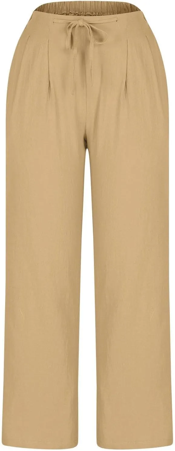 Bidobibo Plus Size Linen Pants for Women Straight Leg Drawstring Elastic Waist Pants Summer Lightweight Casual Beach Trousers