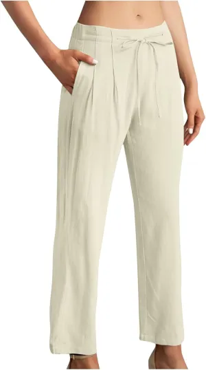 Bidobibo Plus Size Linen Pants for Women Straight Leg Drawstring Elastic Waist Pants Summer Lightweight Casual Beach Trousers
