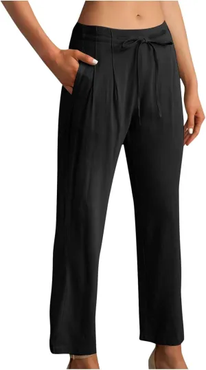 Bidobibo Plus Size Linen Pants for Women Straight Leg Drawstring Elastic Waist Pants Summer Lightweight Casual Beach Trousers