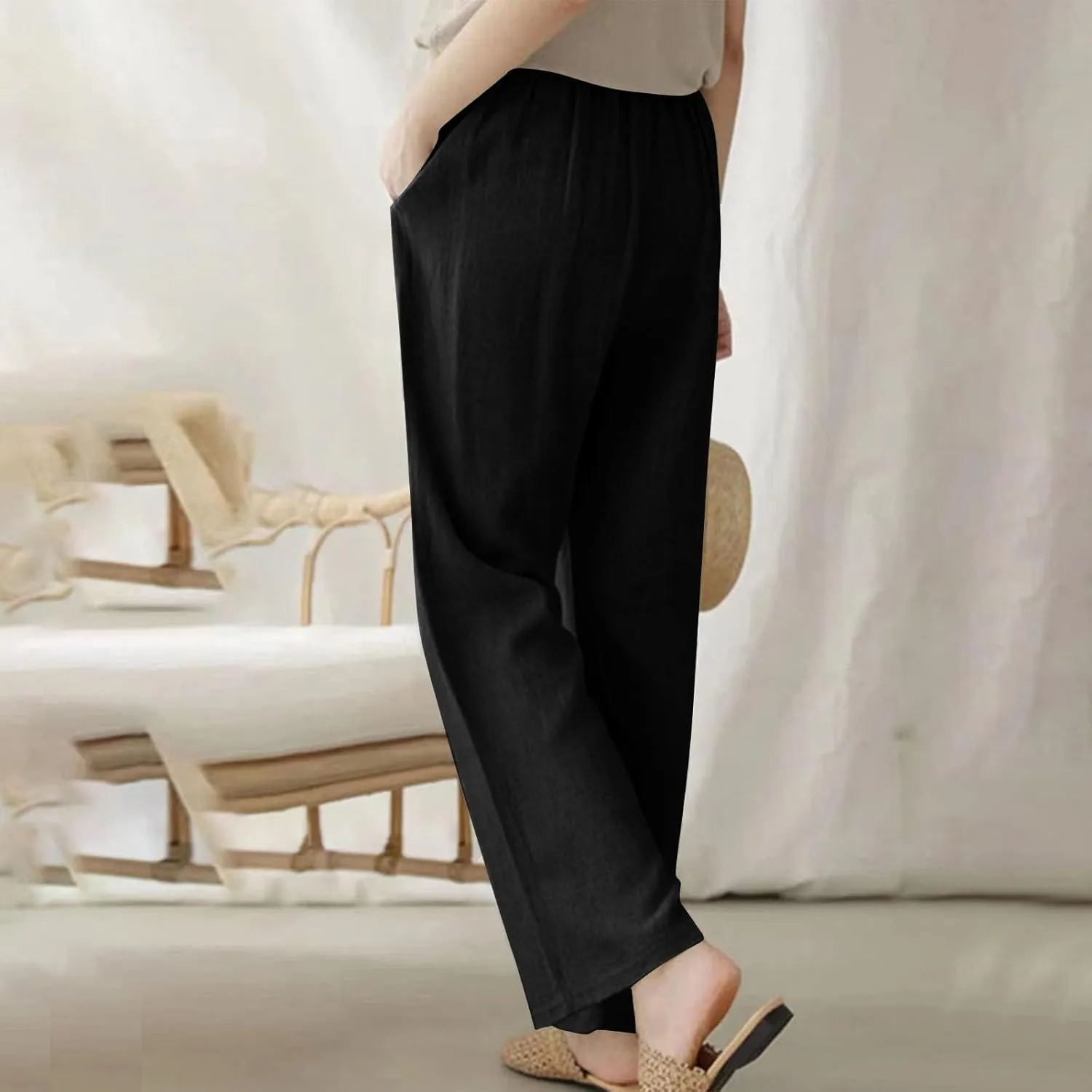 Bidobibo Plus Size Linen Pants for Women Straight Leg Drawstring Elastic Waist Pants Summer Lightweight Casual Beach Trousers