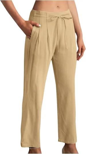 Bidobibo Plus Size Linen Pants for Women Straight Leg Drawstring Elastic Waist Pants Summer Lightweight Casual Beach Trousers