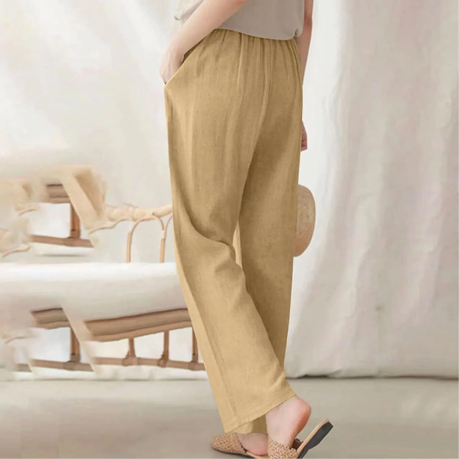 Bidobibo Plus Size Linen Pants for Women Straight Leg Drawstring Elastic Waist Pants Summer Lightweight Casual Beach Trousers