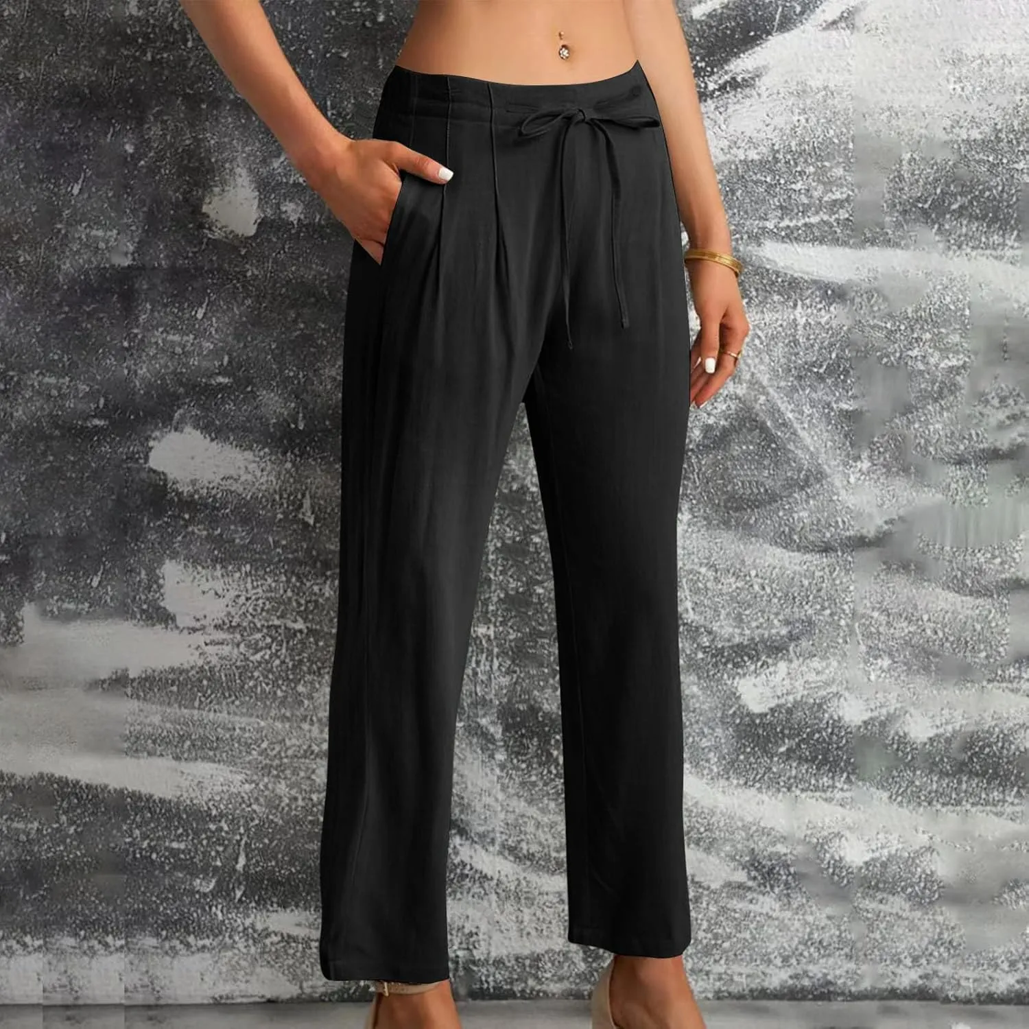 Bidobibo Plus Size Linen Pants for Women Straight Leg Drawstring Elastic Waist Pants Summer Lightweight Casual Beach Trousers