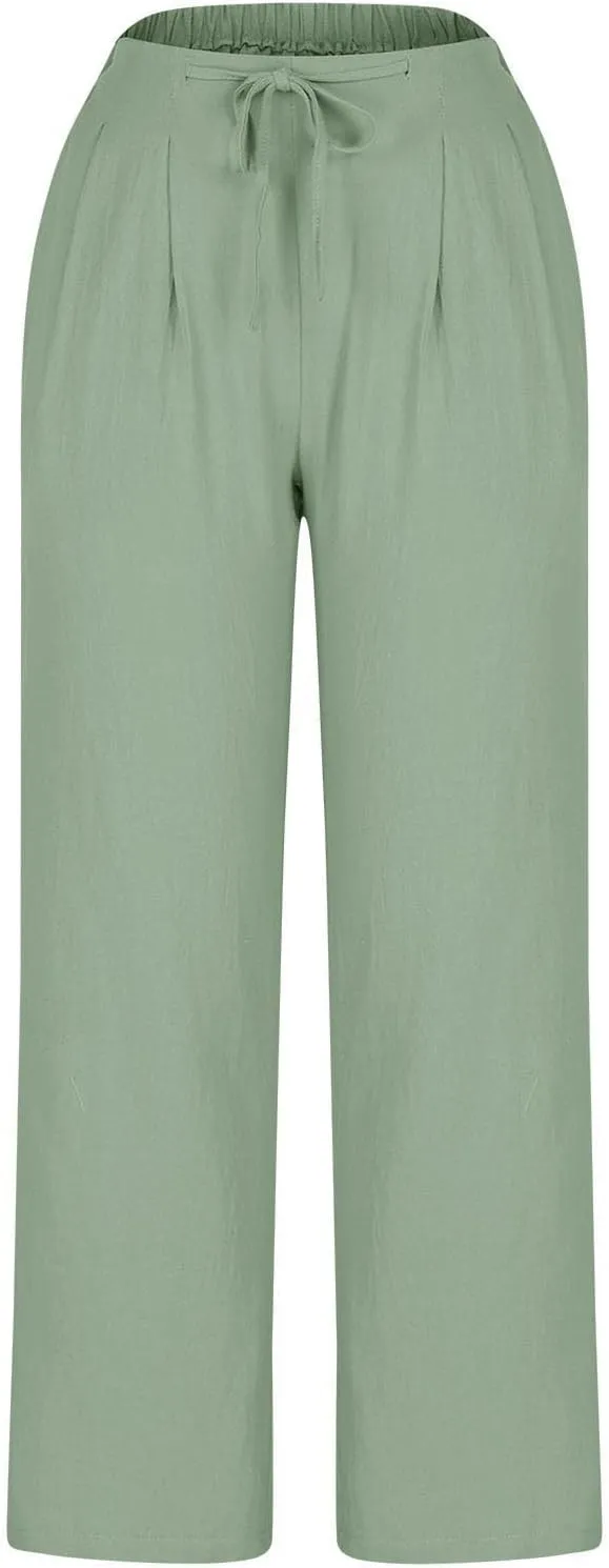 Bidobibo Plus Size Linen Pants for Women Straight Leg Drawstring Elastic Waist Pants Summer Lightweight Casual Beach Trousers