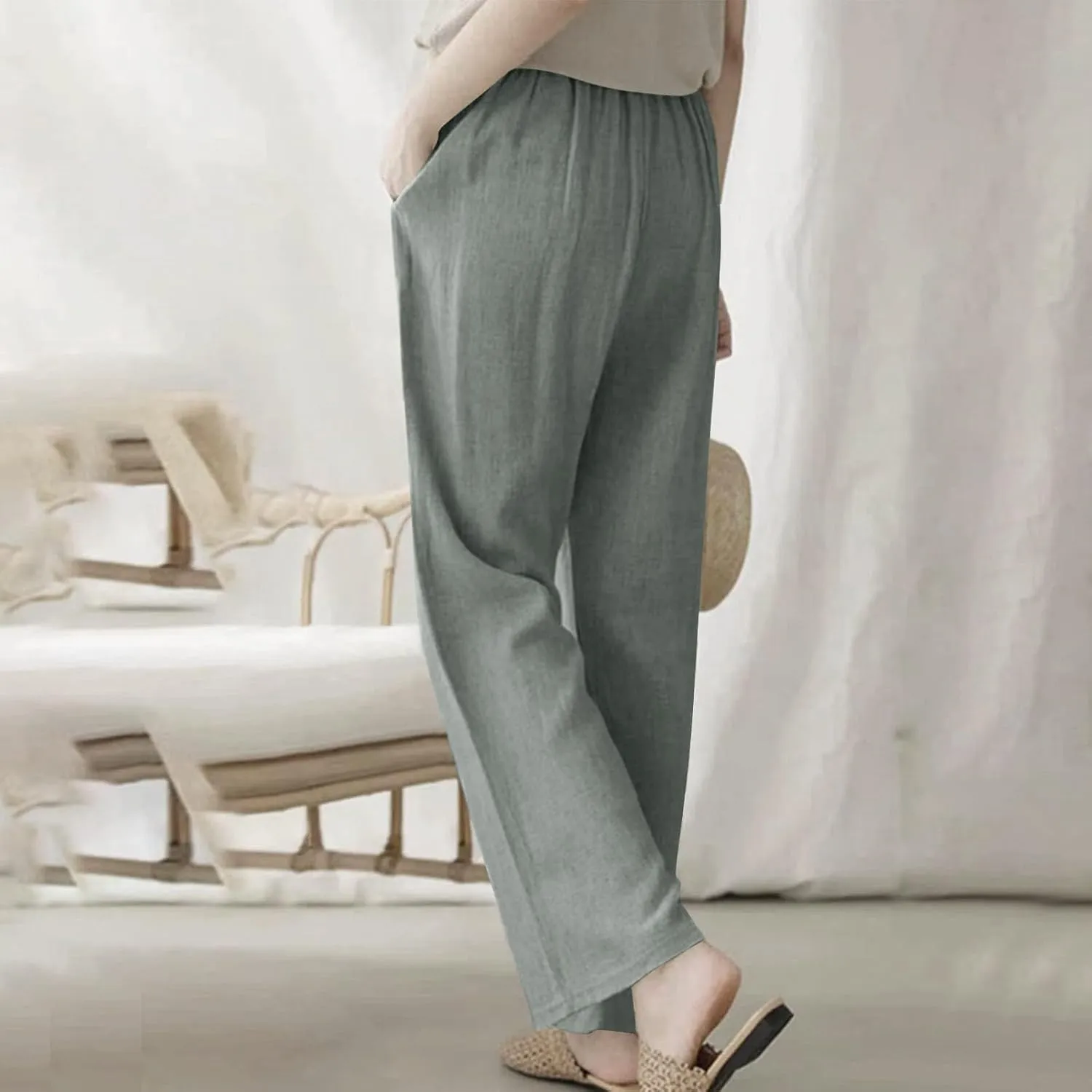 Bidobibo Plus Size Linen Pants for Women Straight Leg Drawstring Elastic Waist Pants Summer Lightweight Casual Beach Trousers