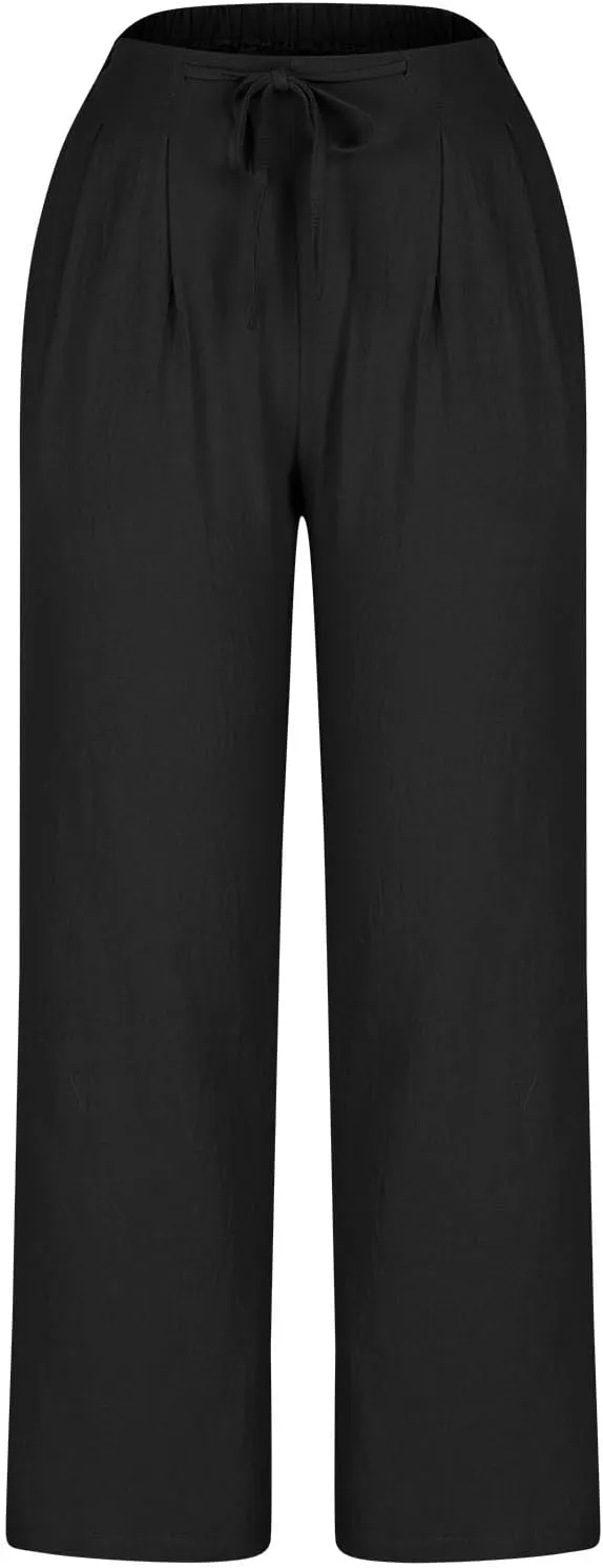 Bidobibo Plus Size Linen Pants for Women Straight Leg Drawstring Elastic Waist Pants Summer Lightweight Casual Beach Trousers
