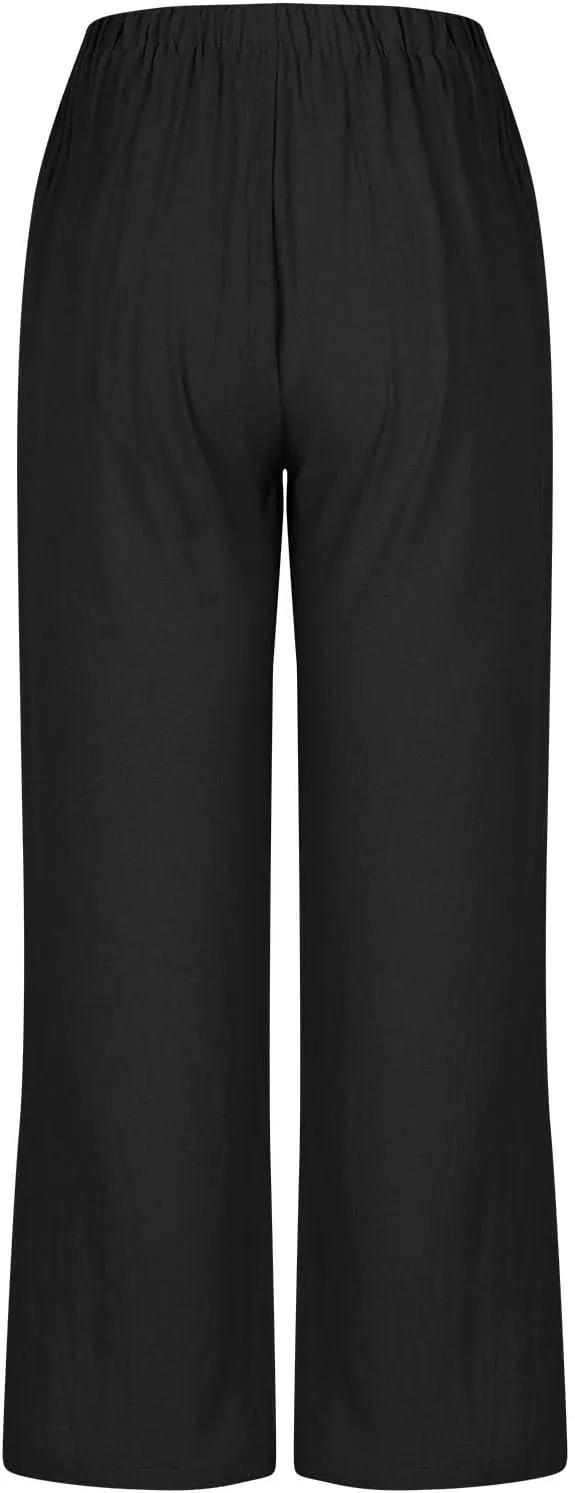 Bidobibo Plus Size Linen Pants for Women Straight Leg Drawstring Elastic Waist Pants Summer Lightweight Casual Beach Trousers