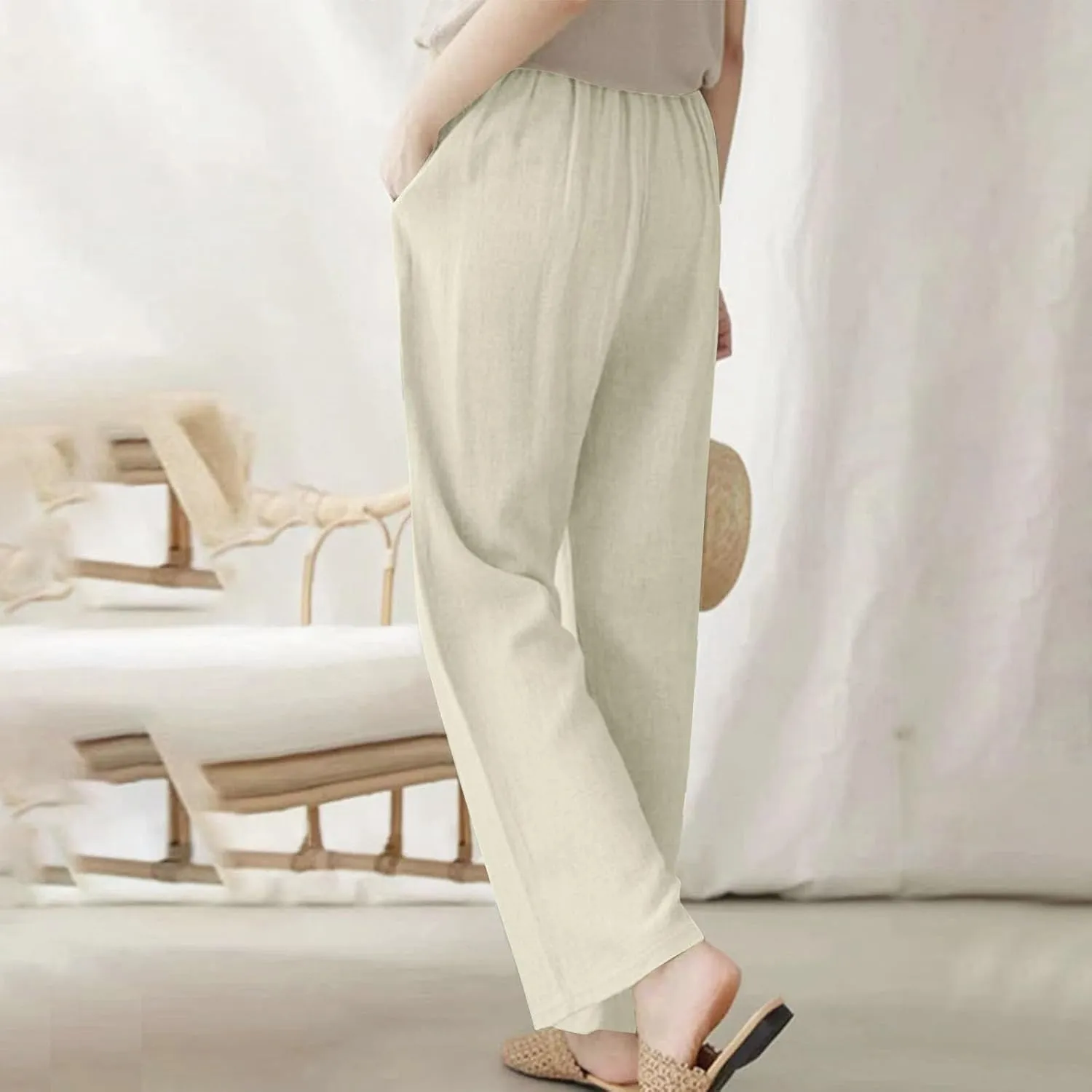 Bidobibo Plus Size Linen Pants for Women Straight Leg Drawstring Elastic Waist Pants Summer Lightweight Casual Beach Trousers
