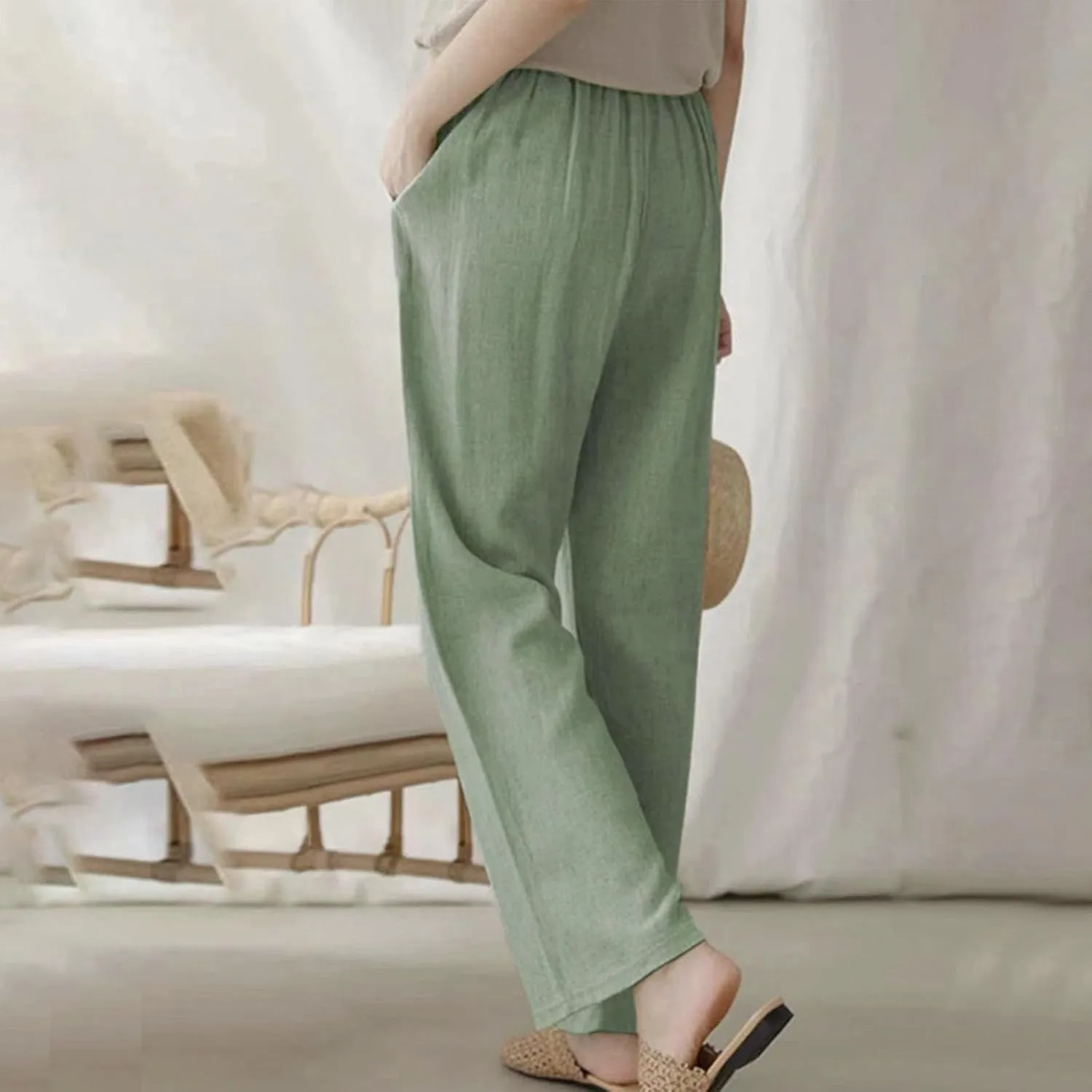 Bidobibo Plus Size Linen Pants for Women Straight Leg Drawstring Elastic Waist Pants Summer Lightweight Casual Beach Trousers