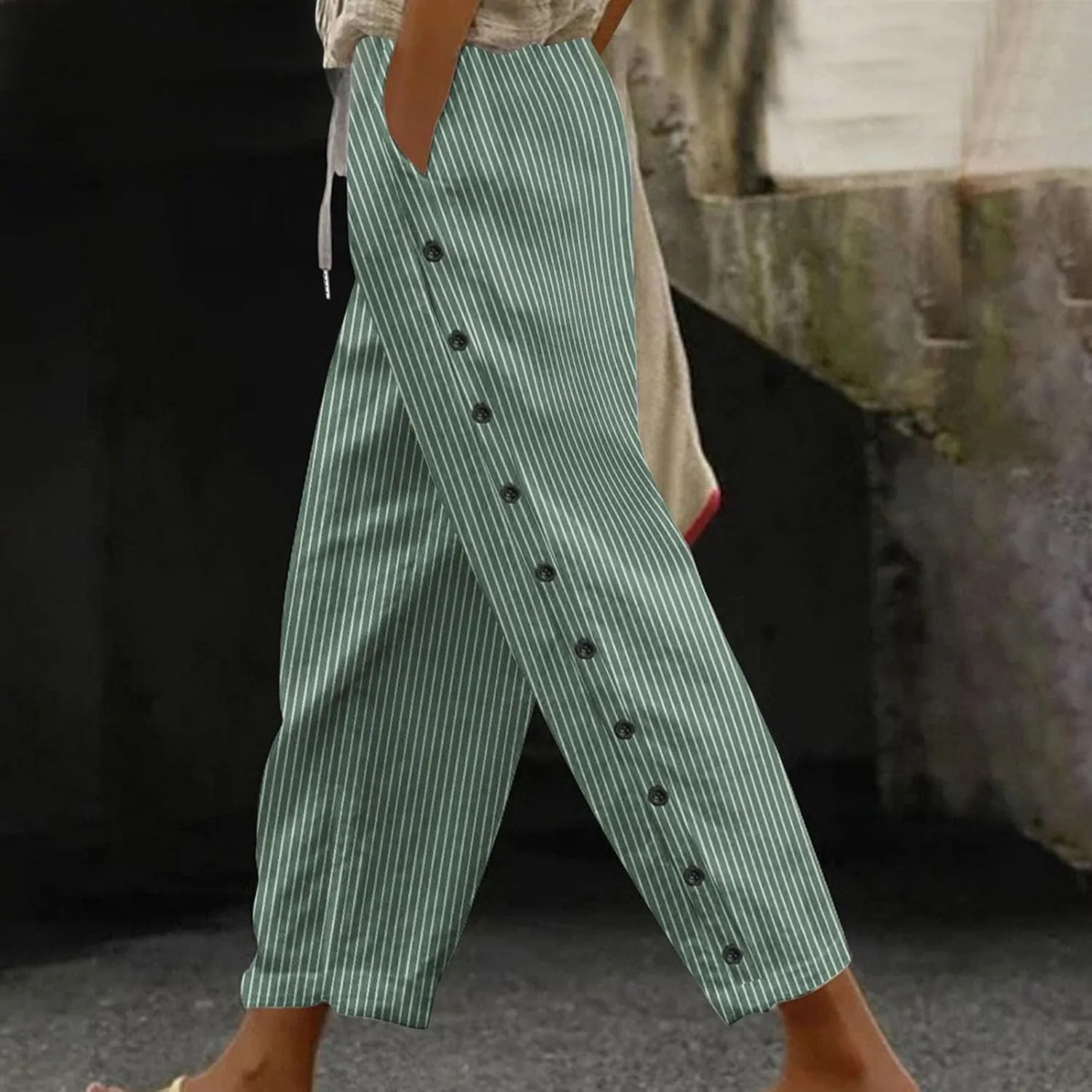 Bidobibo Women's Linen Pants with Pockets Casual Side Button Pants for Women Casual Striped Pants Summer Beach Trousers