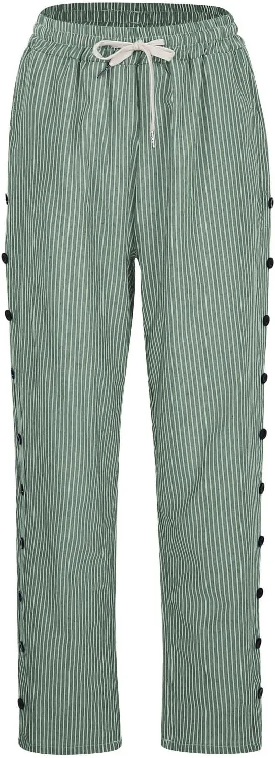 Bidobibo Women's Linen Pants with Pockets Casual Side Button Pants for Women Casual Striped Pants Summer Beach Trousers