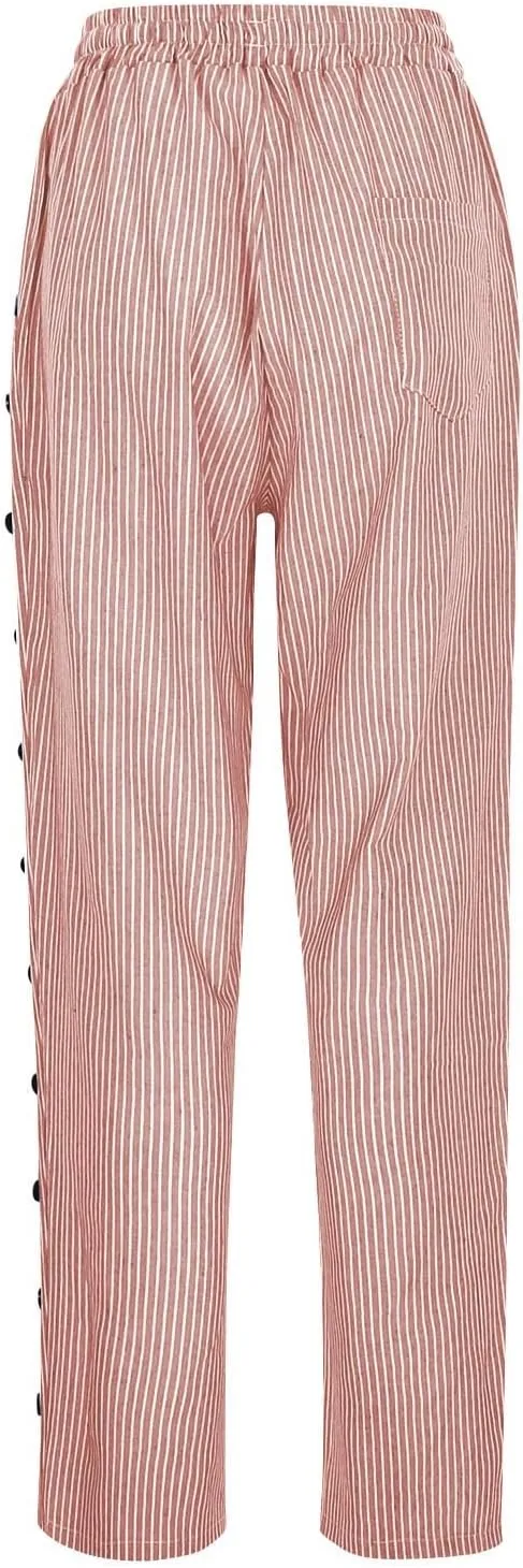 Bidobibo Women's Linen Pants with Pockets Casual Side Button Pants for Women Casual Striped Pants Summer Beach Trousers