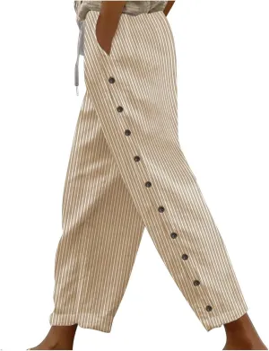 Bidobibo Women's Linen Pants with Pockets Casual Side Button Pants for Women Casual Striped Pants Summer Beach Trousers