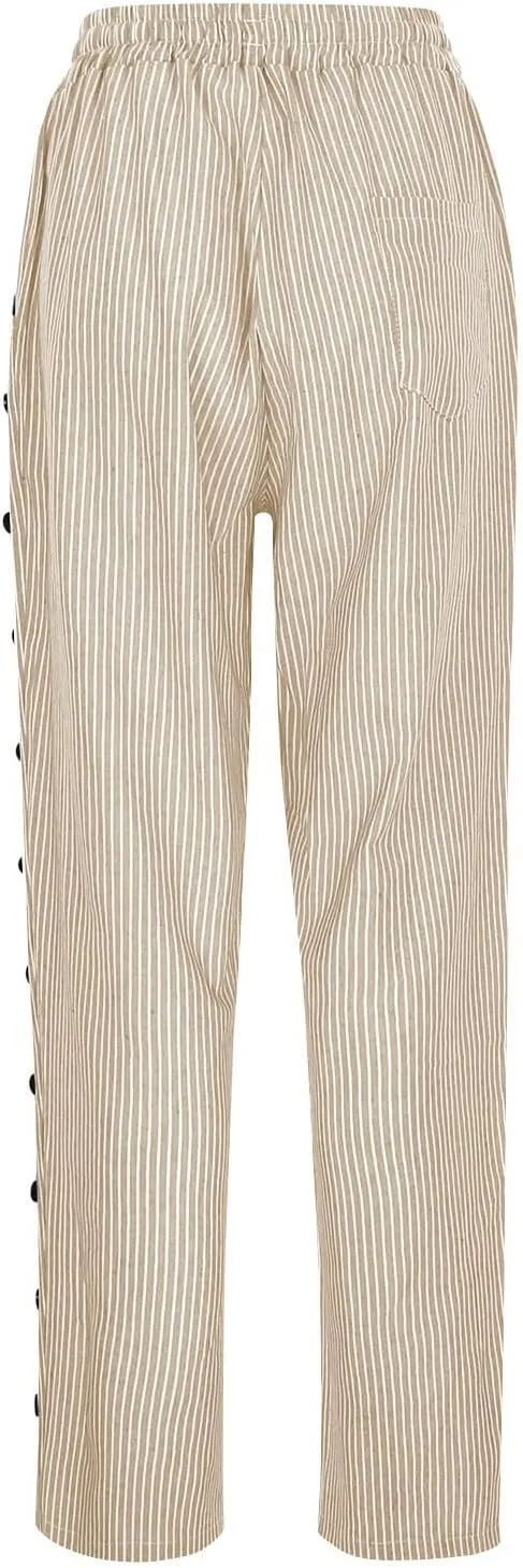 Bidobibo Women's Linen Pants with Pockets Casual Side Button Pants for Women Casual Striped Pants Summer Beach Trousers