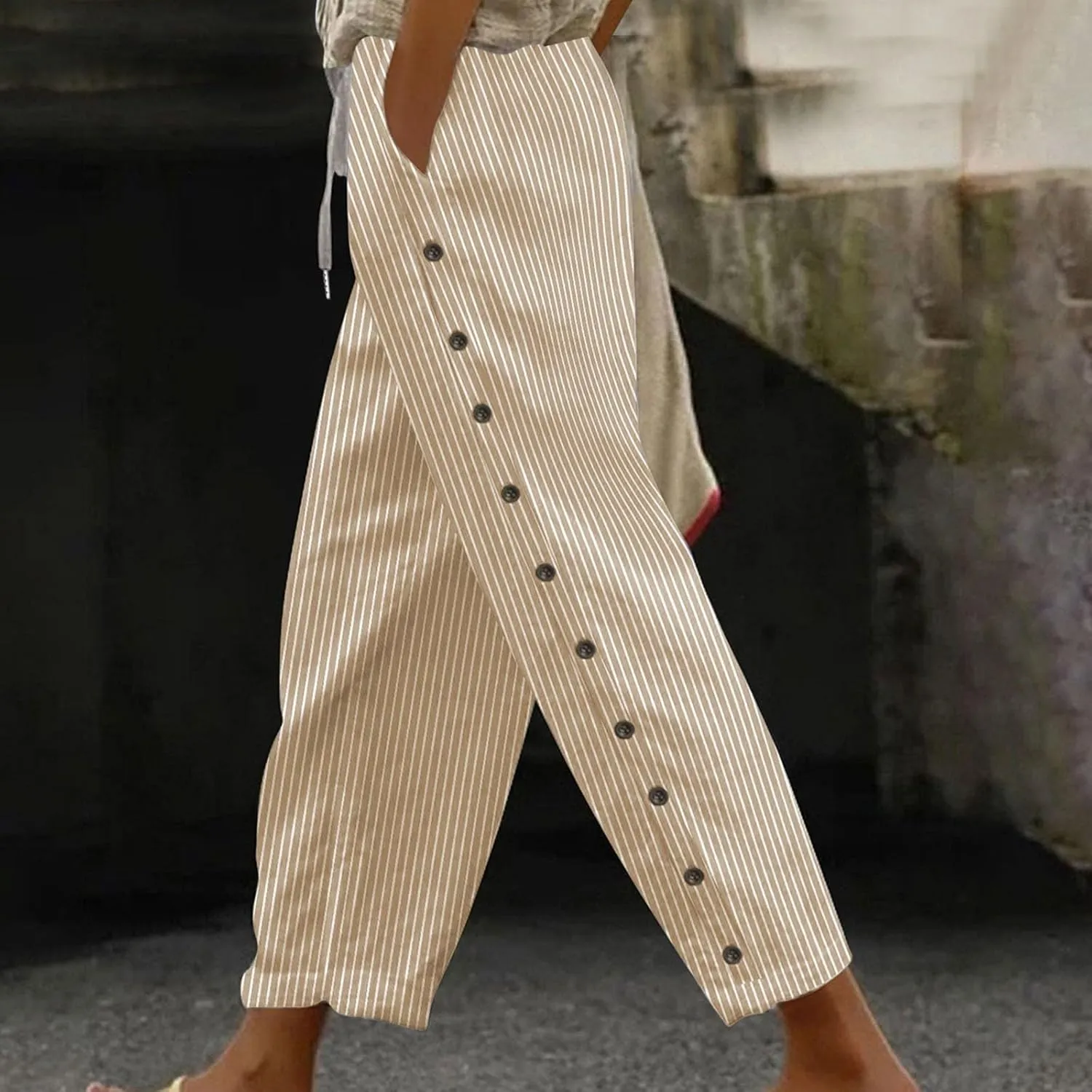 Bidobibo Women's Linen Pants with Pockets Casual Side Button Pants for Women Casual Striped Pants Summer Beach Trousers