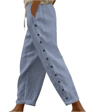 Bidobibo Women's Linen Pants with Pockets Casual Side Button Pants for Women Casual Striped Pants Summer Beach Trousers