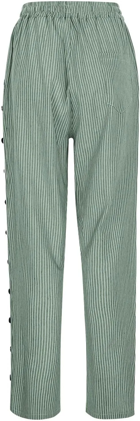 Bidobibo Women's Linen Pants with Pockets Casual Side Button Pants for Women Casual Striped Pants Summer Beach Trousers