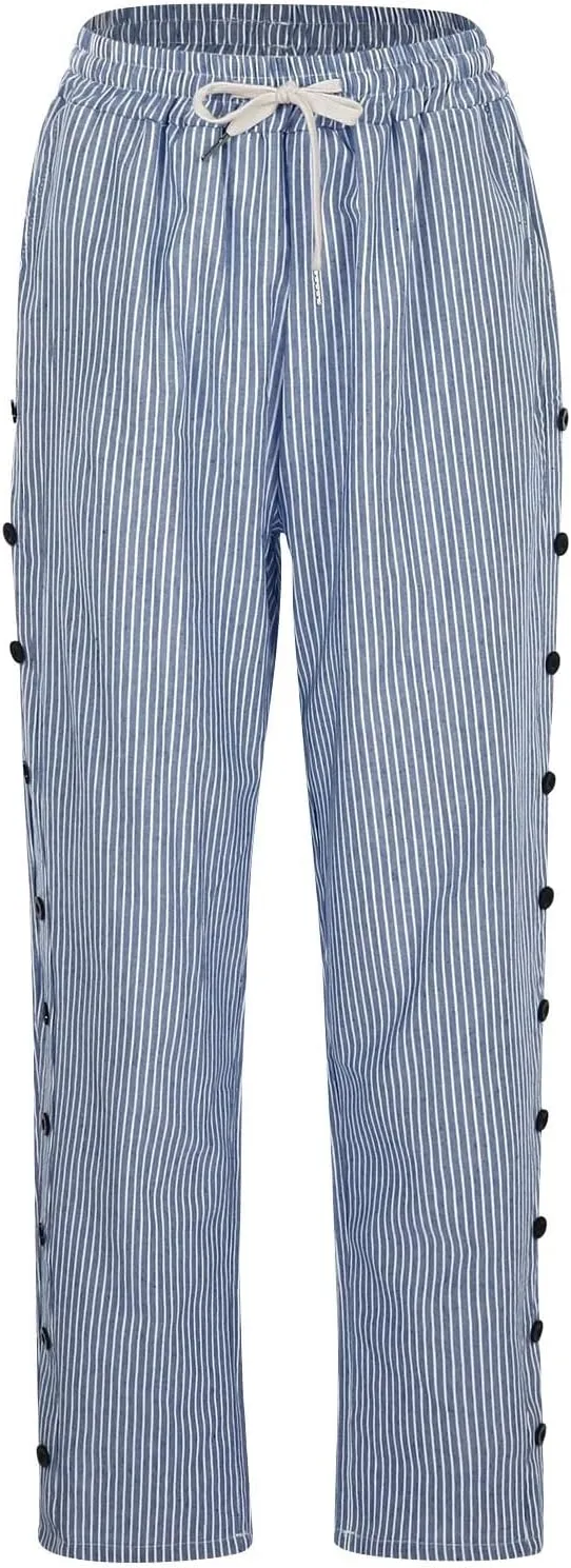 Bidobibo Women's Linen Pants with Pockets Casual Side Button Pants for Women Casual Striped Pants Summer Beach Trousers