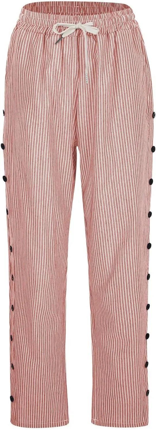 Bidobibo Women's Linen Pants with Pockets Casual Side Button Pants for Women Casual Striped Pants Summer Beach Trousers
