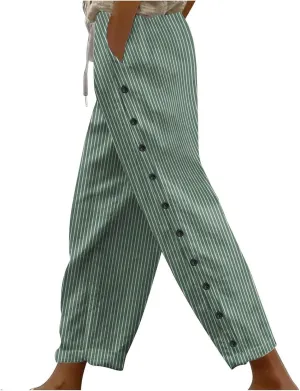 Bidobibo Women's Linen Pants with Pockets Casual Side Button Pants for Women Casual Striped Pants Summer Beach Trousers