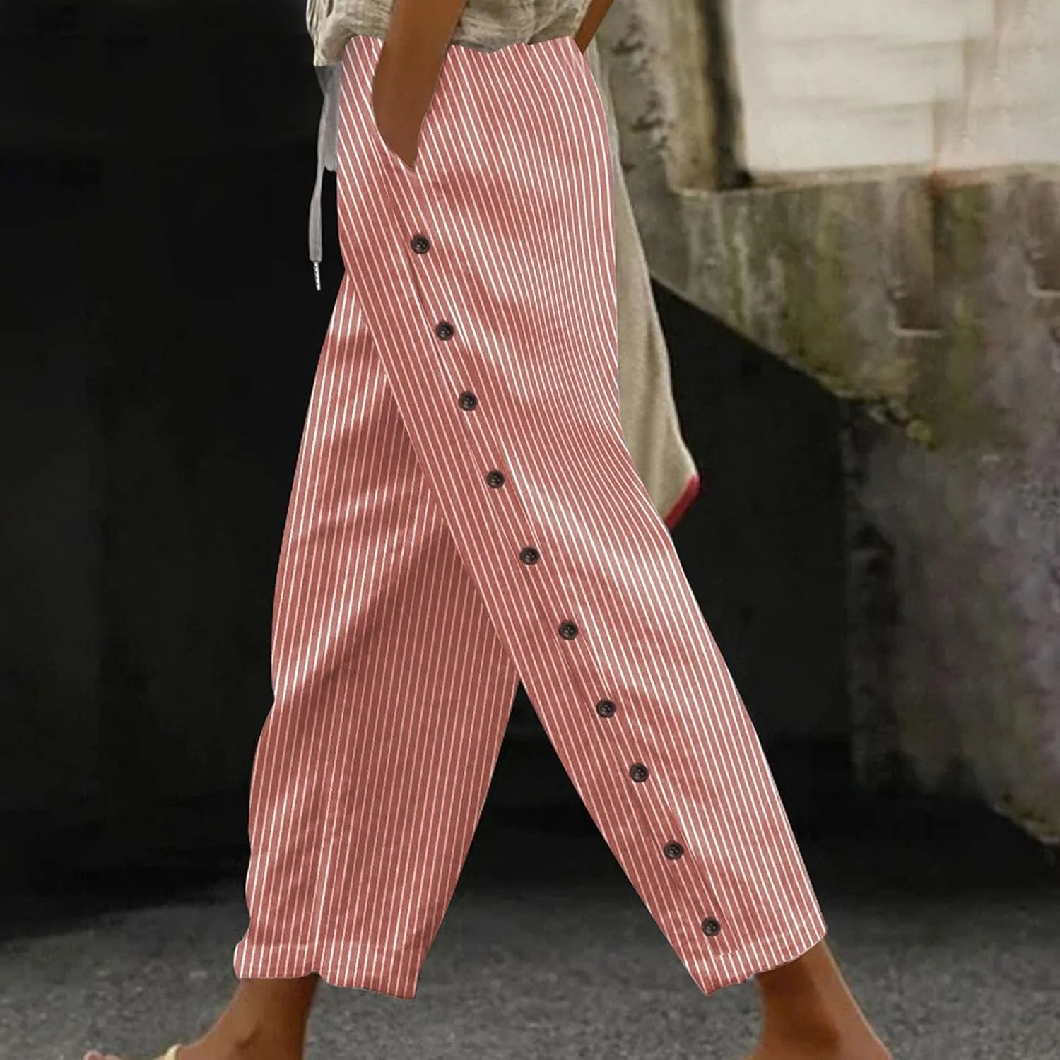 Bidobibo Women's Linen Pants with Pockets Casual Side Button Pants for Women Casual Striped Pants Summer Beach Trousers