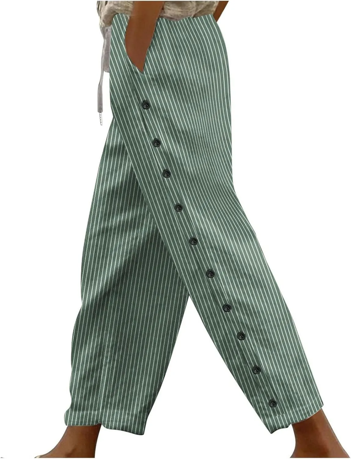 Bidobibo Women's Linen Pants with Pockets Casual Side Button Pants for Women Casual Striped Pants Summer Beach Trousers