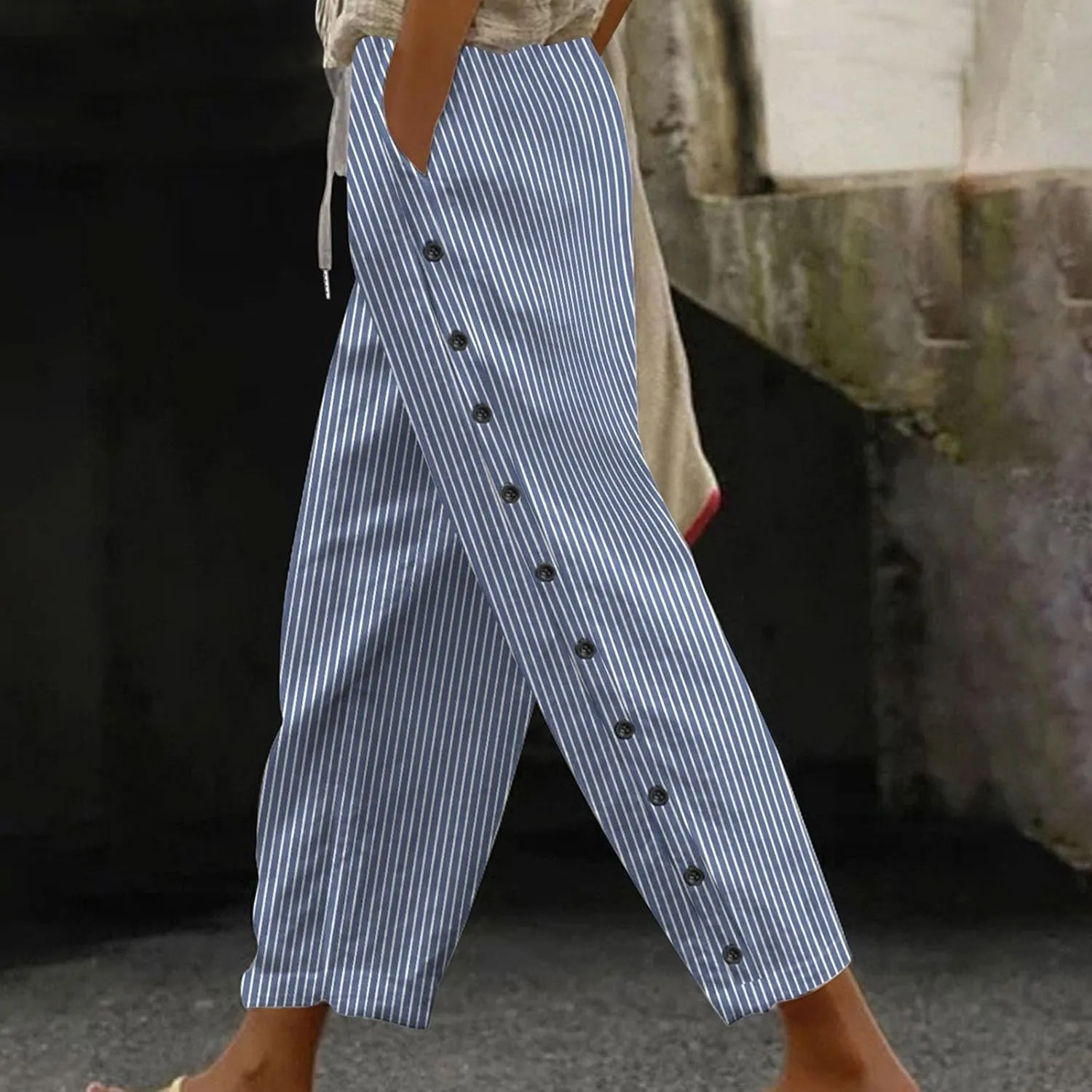 Bidobibo Women's Linen Pants with Pockets Casual Side Button Pants for Women Casual Striped Pants Summer Beach Trousers