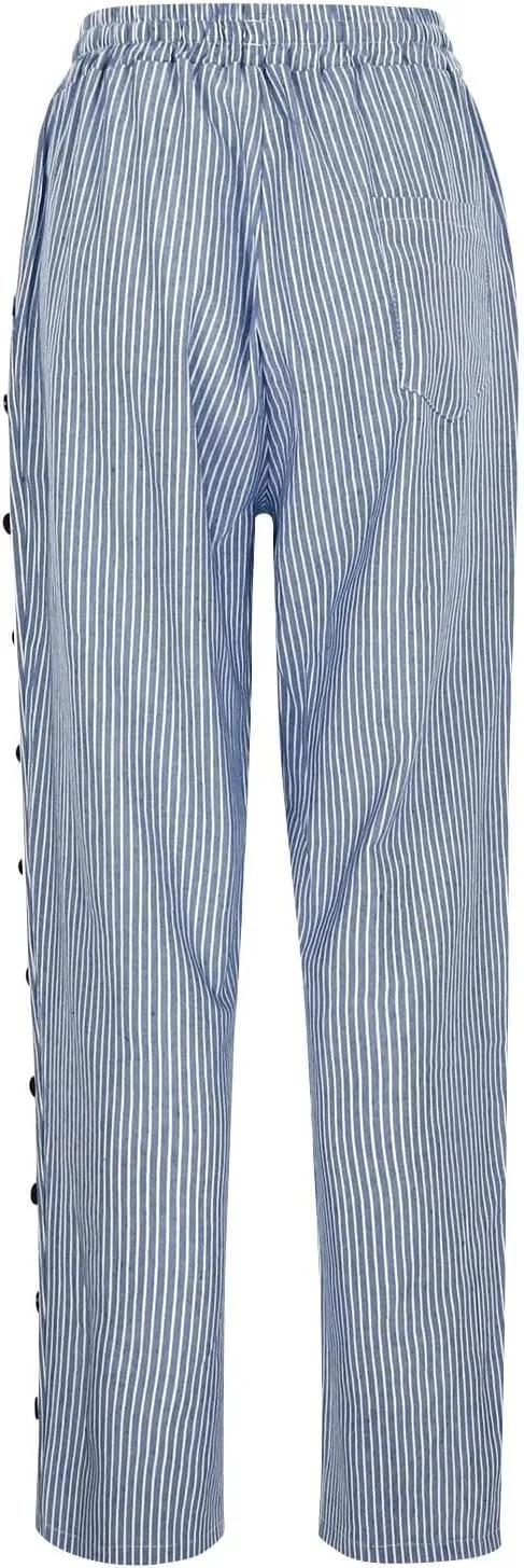 Bidobibo Women's Linen Pants with Pockets Casual Side Button Pants for Women Casual Striped Pants Summer Beach Trousers
