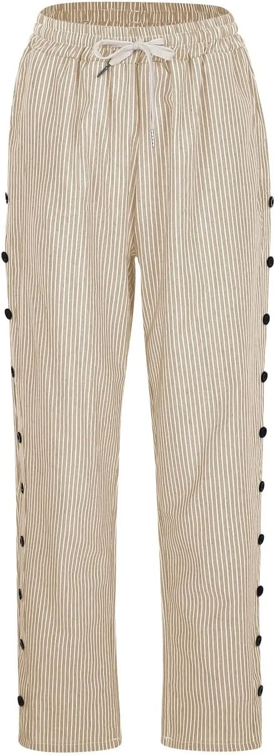 Bidobibo Women's Linen Pants with Pockets Casual Side Button Pants for Women Casual Striped Pants Summer Beach Trousers