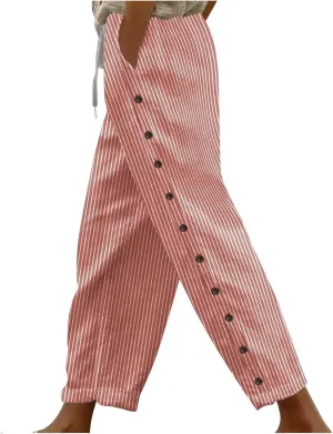 Bidobibo Women's Linen Pants with Pockets Casual Side Button Pants for Women Casual Striped Pants Summer Beach Trousers