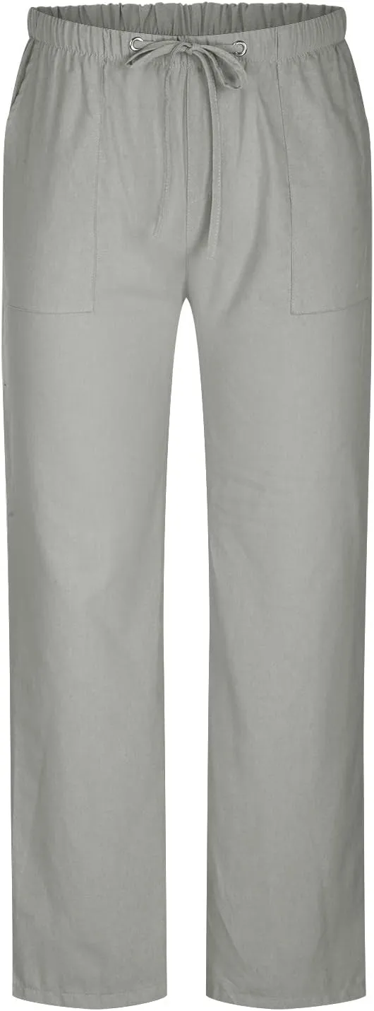 Big and Tall Linen Pants for Men Drawstring Lounge Pants Elastic Waist Dress Trousers Straight Leg Loose Pants