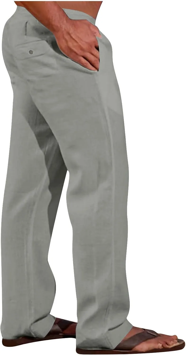 Big and Tall Linen Pants for Men Drawstring Lounge Pants Elastic Waist Dress Trousers Straight Leg Loose Pants
