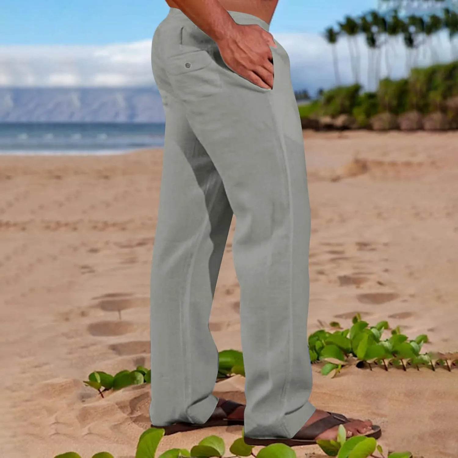 Big and Tall Linen Pants for Men Drawstring Lounge Pants Elastic Waist Dress Trousers Straight Leg Loose Pants