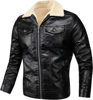Black Leather Jacket Men Motorcycle Winter Warm Lapel Sherpa Lined Zip-Up Slim Fit Biker Coat Bomber Jackets Outwear