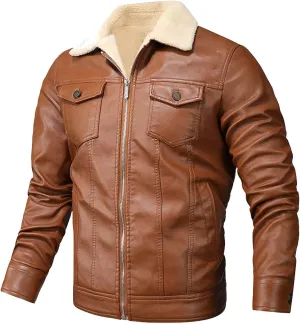 Black Leather Jacket Men Motorcycle Winter Warm Lapel Sherpa Lined Zip-Up Slim Fit Biker Coat Bomber Jackets Outwear
