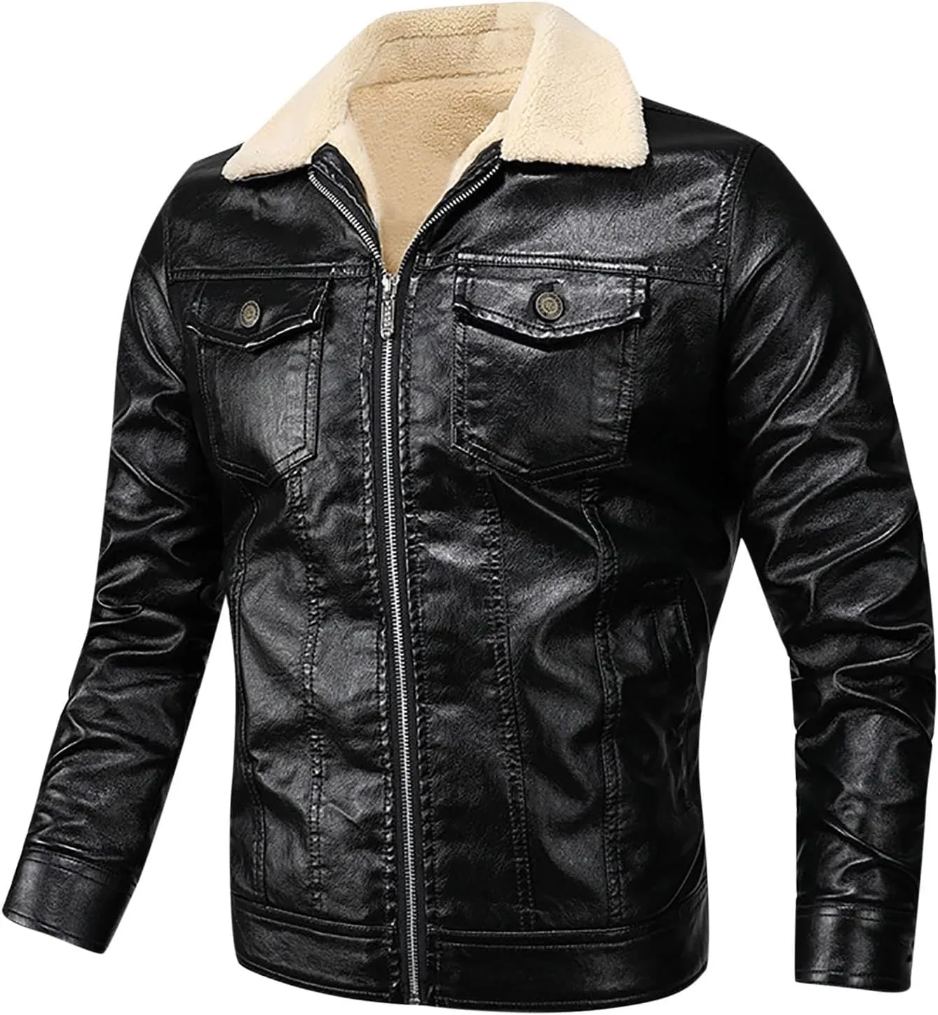 Black Leather Jacket Men Motorcycle Winter Warm Lapel Sherpa Lined Zip-Up Slim Fit Biker Coat Bomber Jackets Outwear