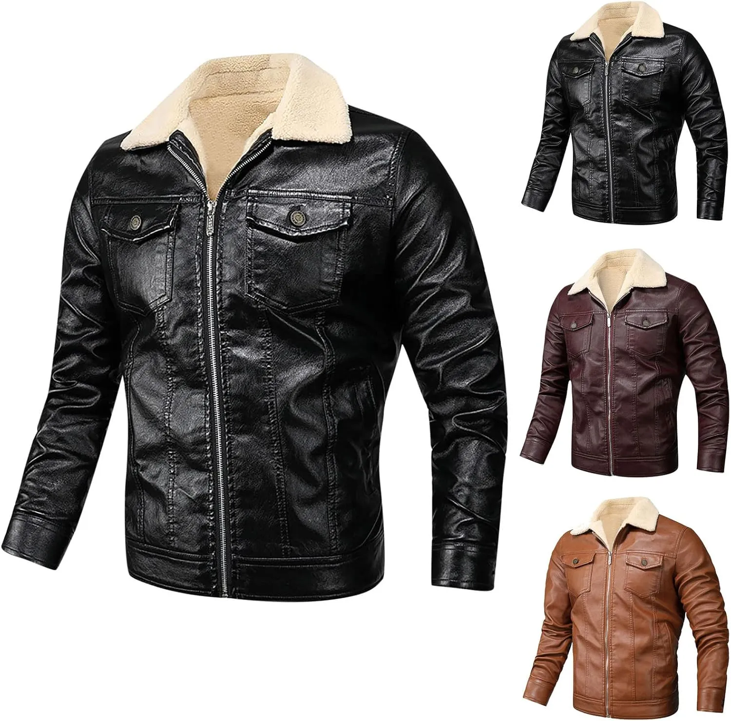 Black Leather Jacket Men Motorcycle Winter Warm Lapel Sherpa Lined Zip-Up Slim Fit Biker Coat Bomber Jackets Outwear