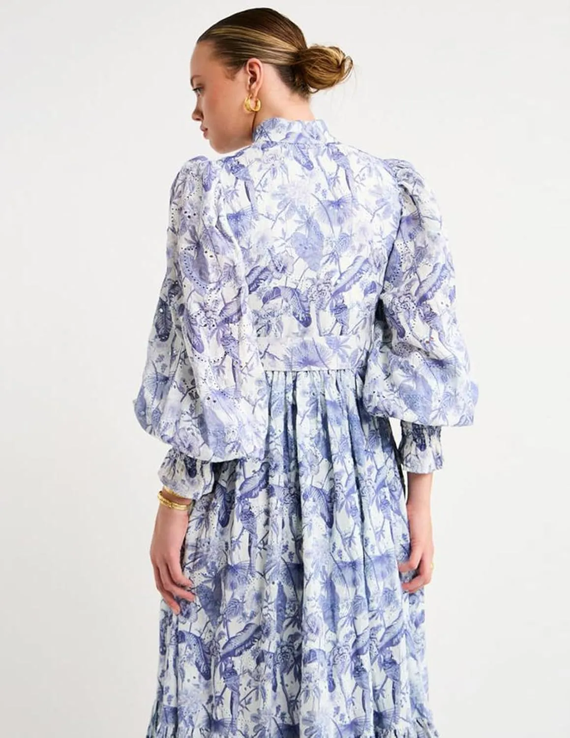 Blue Floral Dress Midi Button Down Dress for Women Lantern Sleeve Flowy Dress