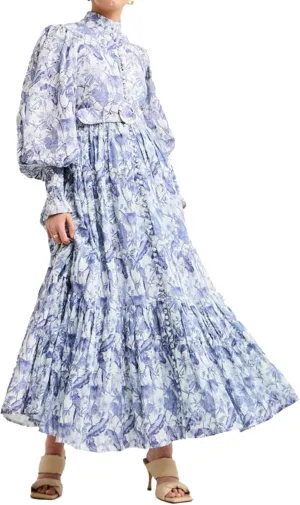 Blue Floral Dress Midi Button Down Dress for Women Lantern Sleeve Flowy Dress