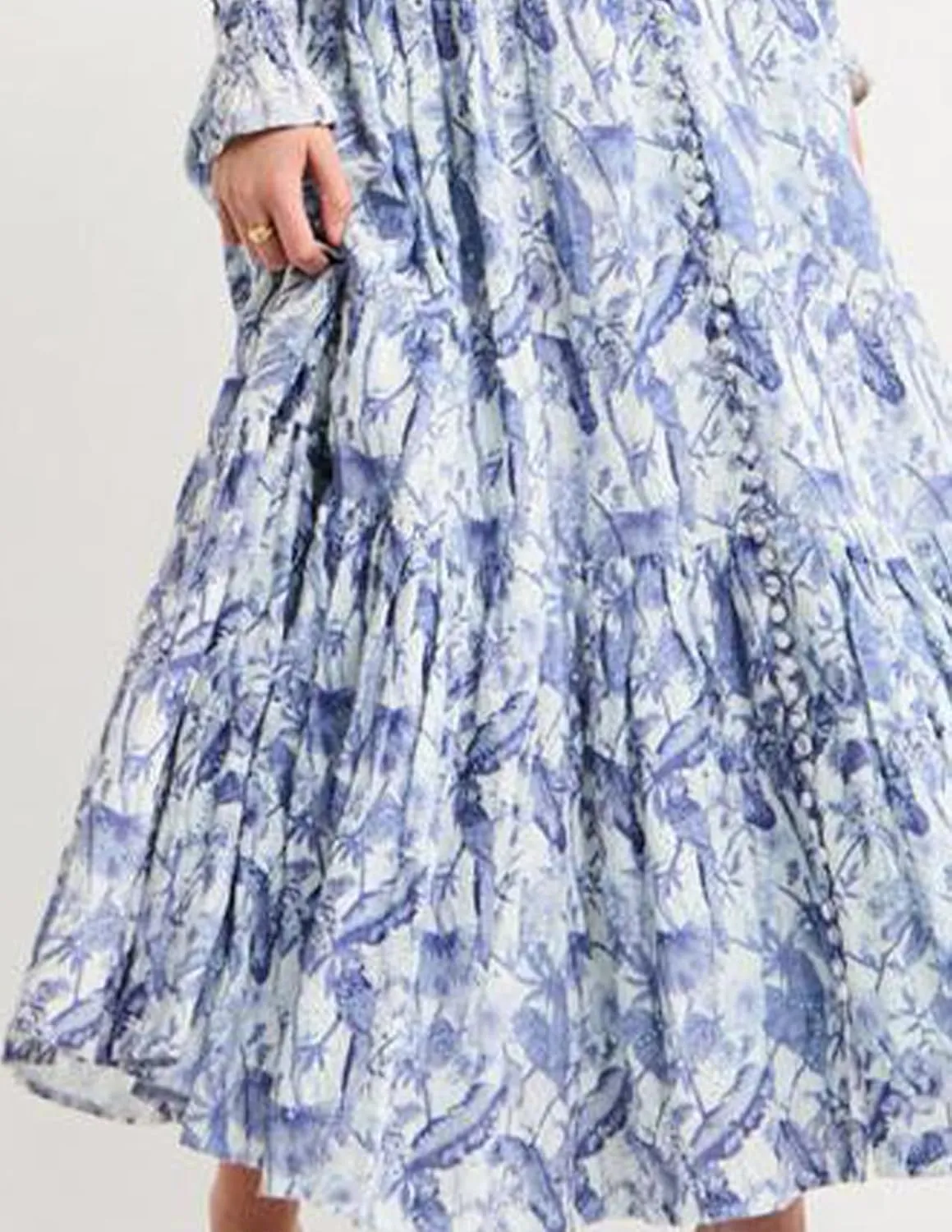 Blue Floral Dress Midi Button Down Dress for Women Lantern Sleeve Flowy Dress