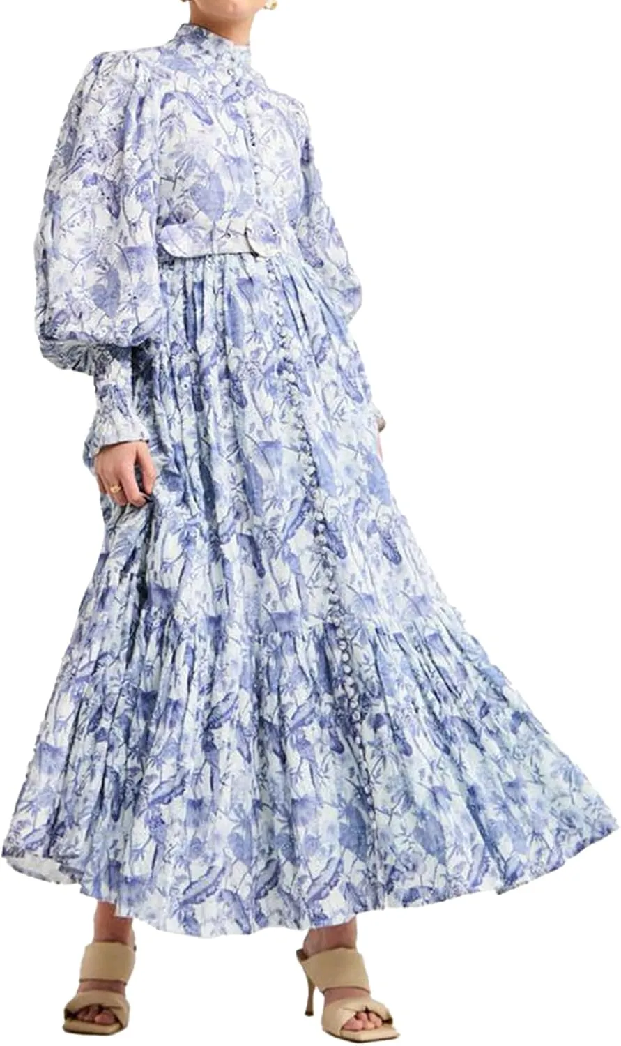 Blue Floral Dress Midi Button Down Dress for Women Lantern Sleeve Flowy Dress