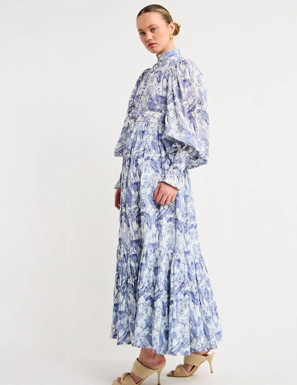 Blue Floral Dress Midi Button Down Dress for Women Lantern Sleeve Flowy Dress